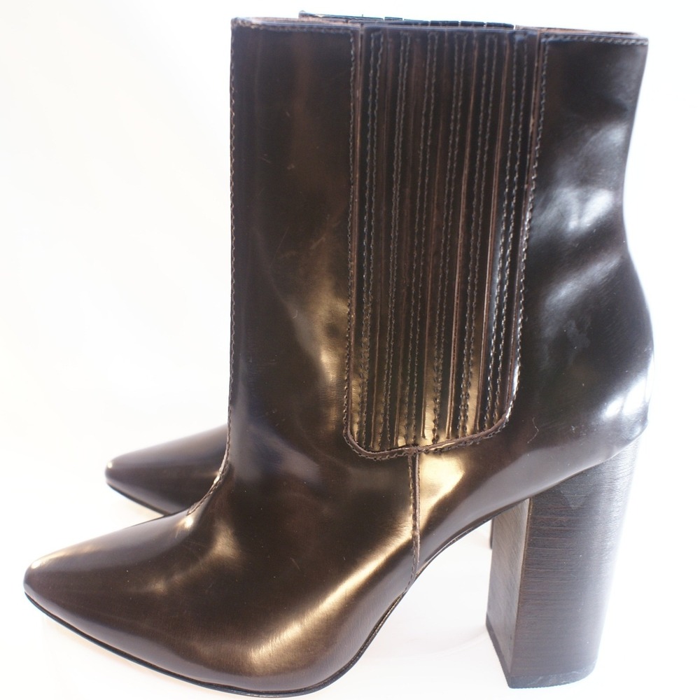 Pour la Victoire Women Blk Leather Pointed Toe Block Heel Ribbed Ankle Boots 7.5